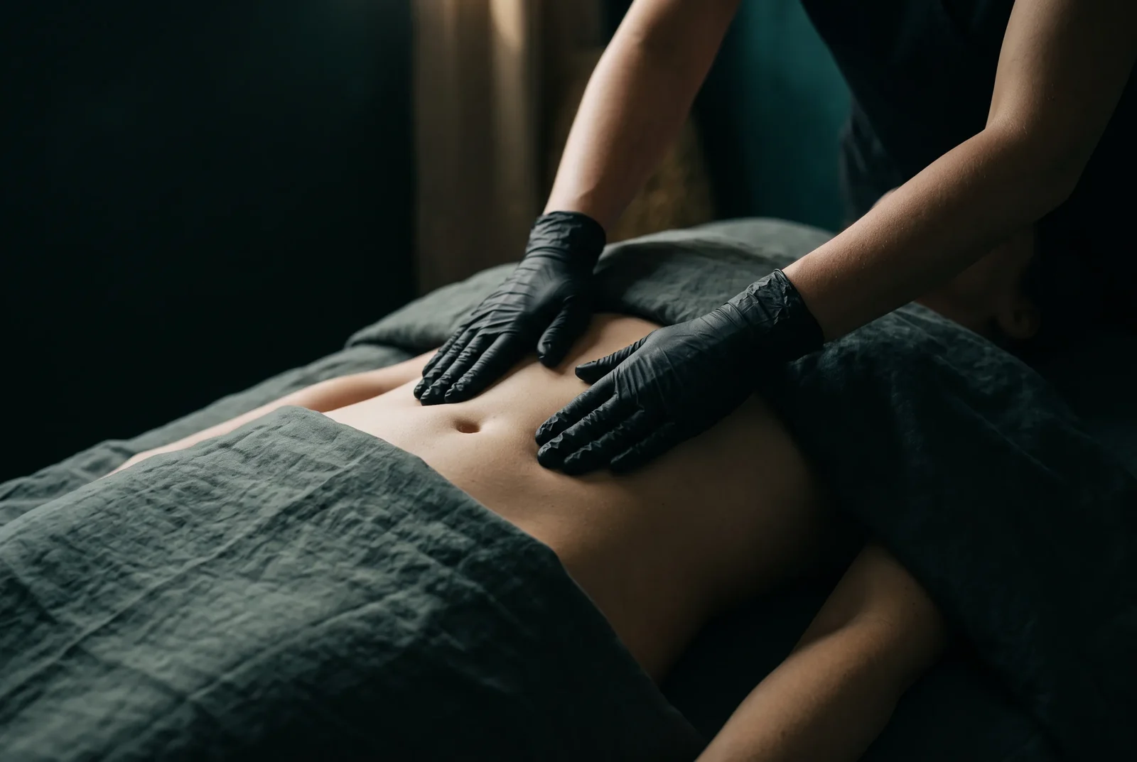 Manual lymphatic drainage across a patient's abdomen during a Vogel Method session